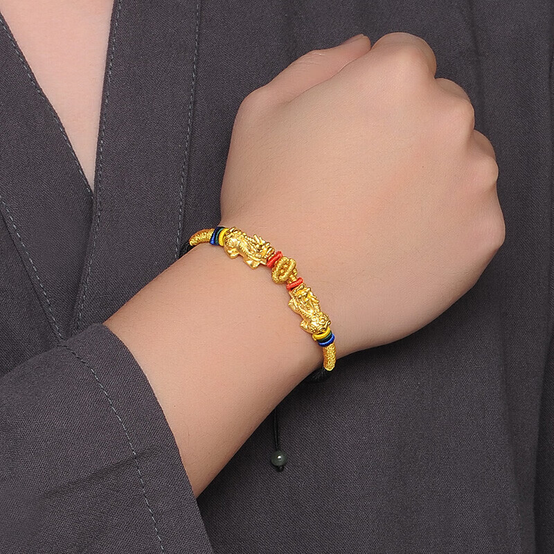 蒂蔻(tico)足金招财貔貅黄金手链男款编织黑绳转运珠手串送男友生日
