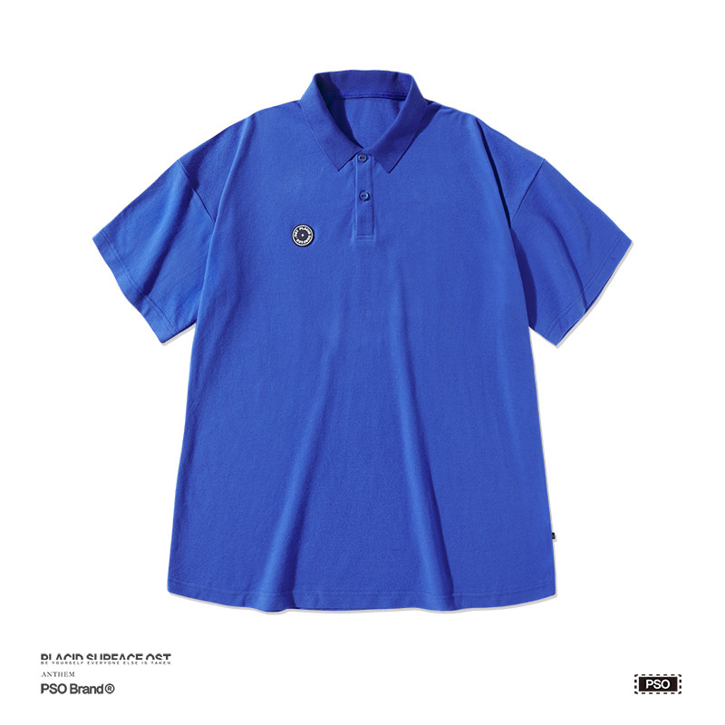 pso brand 胶章款纯色珠地棉翻领polo衫男短袖夏季潮牌情侣装t恤 蓝色