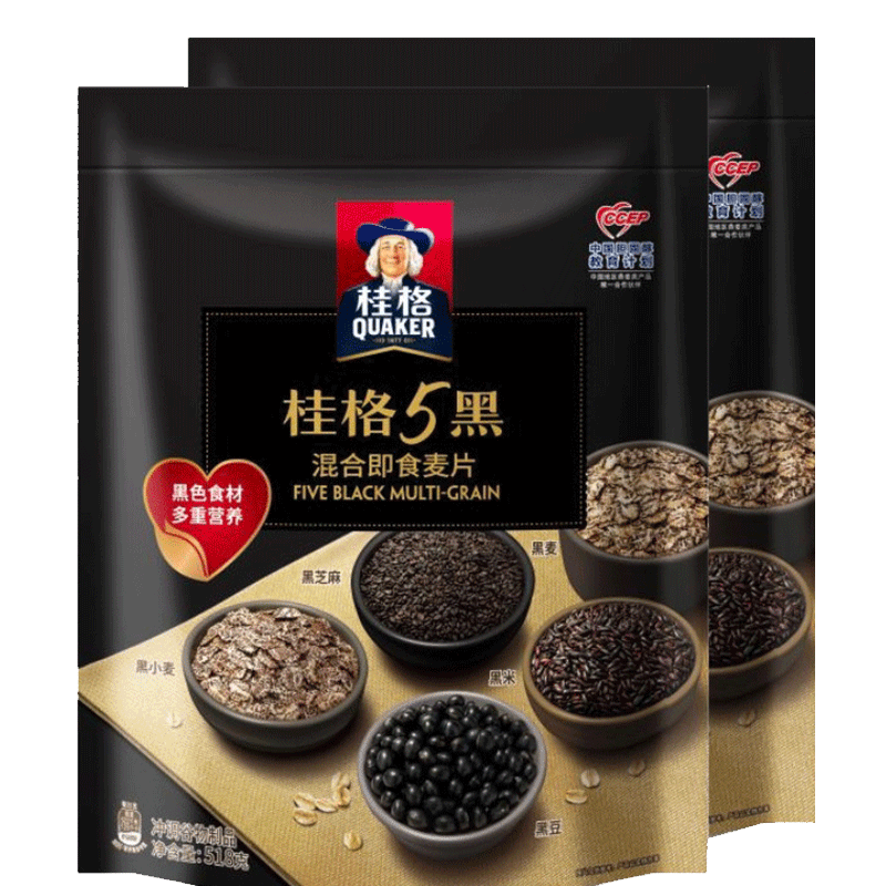 【专享】桂格（QUAKER）五黑麦片5黑混合冲饮即食黑芝麻糊早餐代餐518g 5黑即食麦片*2袋