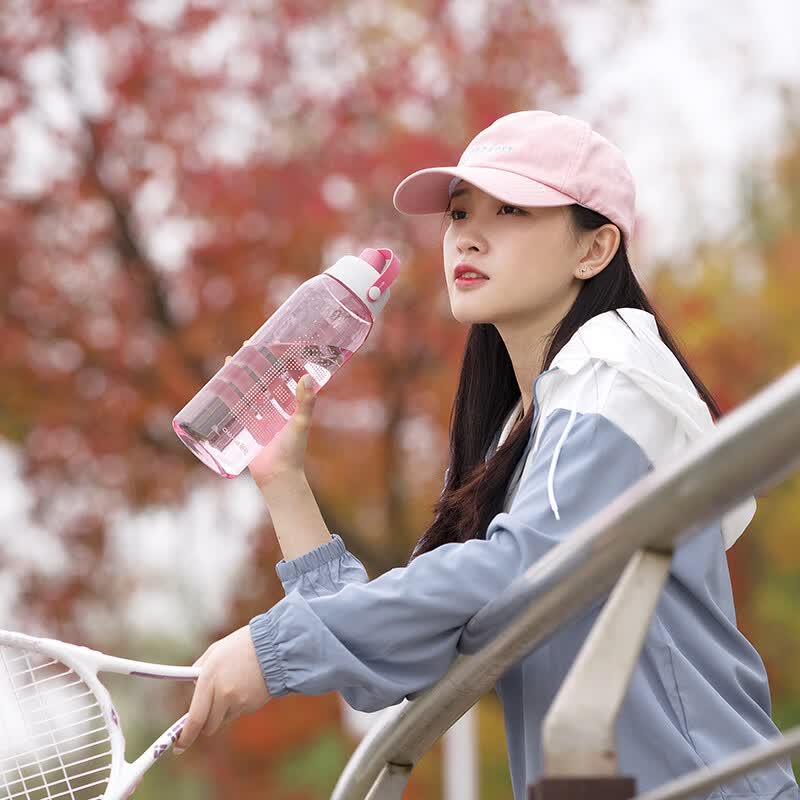 茶花(CHAHUA)塑料杯运动水壶高颜值男女学生户外便携水杯大容量户外运动水杯子 粉色 1500ml