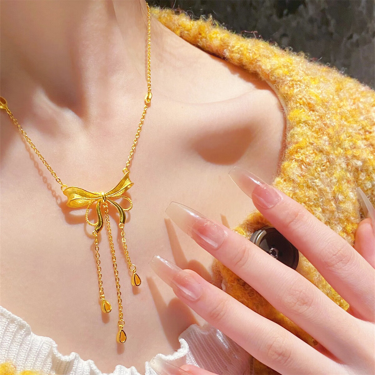 碧允  24k金在逃公主金丝带蝴蝶结项链女金999吊坠黄金流苏锁骨链