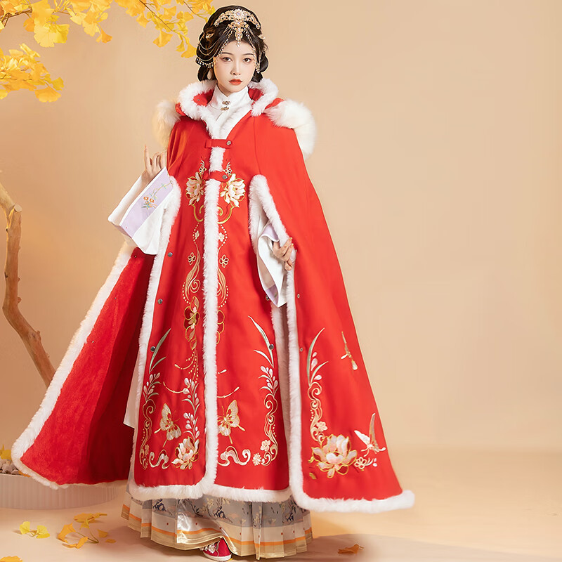zhouyouyang或锦慕雪原创汉服女斗篷加绒加厚可拆卸帽子大毛领红色
