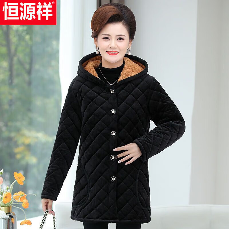 恒源祥妈妈冬装棉衣中老年女连帽棉服中长款加绒加厚外套金丝绒保暖棉袄 优质金丝绒棉衣[百搭纯黑] XL 建议90110斤怎么样,好用不?
