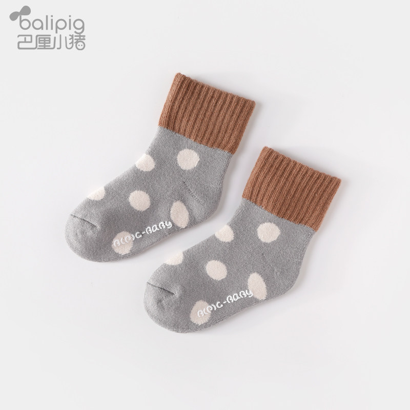 巴厘小猪婴儿袜子秋冬加厚男女童袜秋季地板袜可爱超萌宝宝长 浅灰 S(0-6个月)