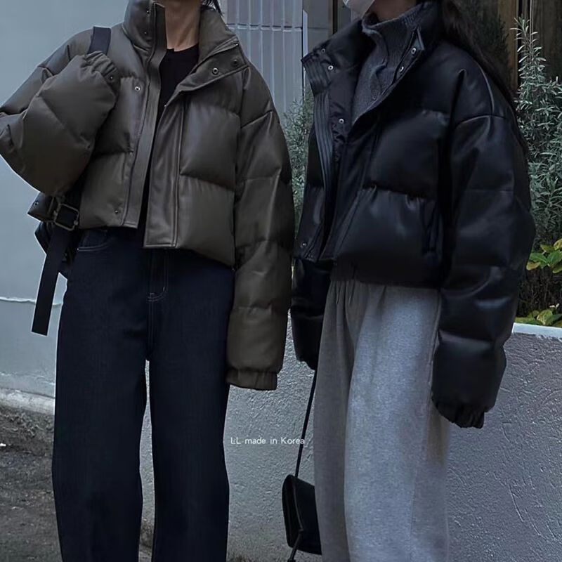 唐晓笙暗黑系短款pu皮面棉服女冬季新款加厚美式宽松小个子面包服外套