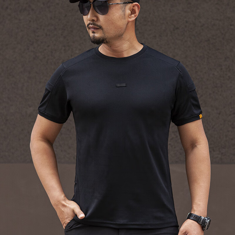 max面料速干t恤衫男士户外运动圆领短袖战术修 黑色 s (100-120斤)
