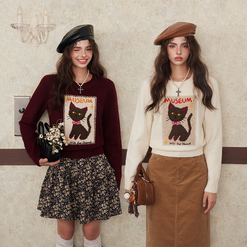 banana cici2024年冬季新款原创撞色猫咪刺绣针织衫安可拉红毛衣C244MY208 枣红(暗红) S