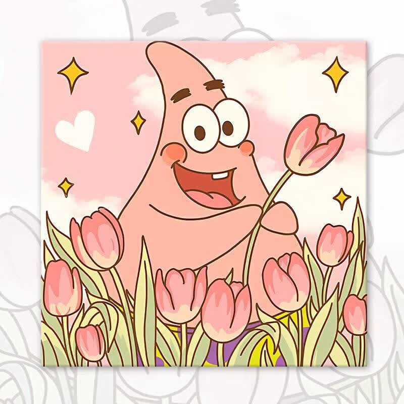 新思力数字油画手绘可爱方形diy派大星填充涂色解闷手工郁金香丙烯画