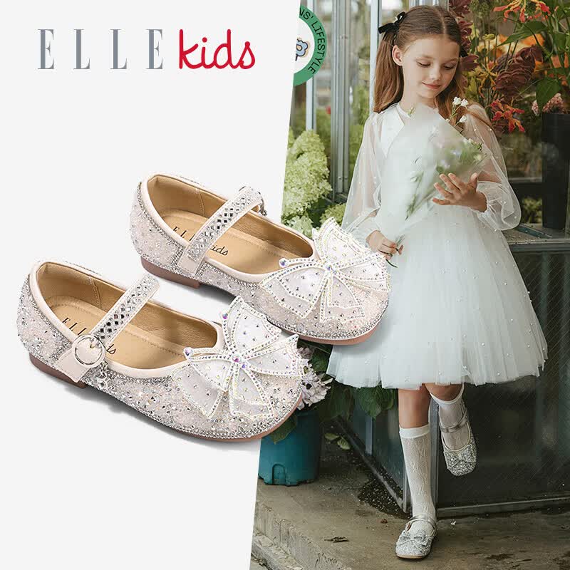 ELLE KIDS童鞋春秋小女孩软底公主鞋蝴蝶结水晶鞋女童皮鞋 EFE11325 银色属于什么档次？