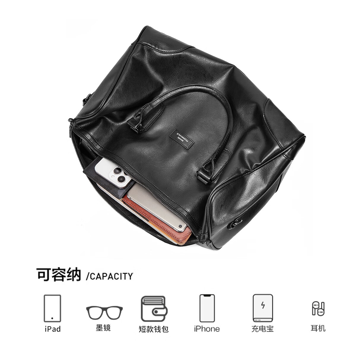 马克华菲游泳健身运动包 旅行包短途旅行 男手提包男士行李包大容量行李袋 典黑(皮革纹)