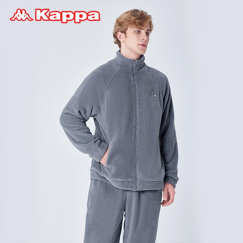 KAPPA卡帕冬季男士睡衣羽丝绒保暖【上衣】立领开衫拉链可外穿加绒家居 灰蓝 L 建议(120-140斤)