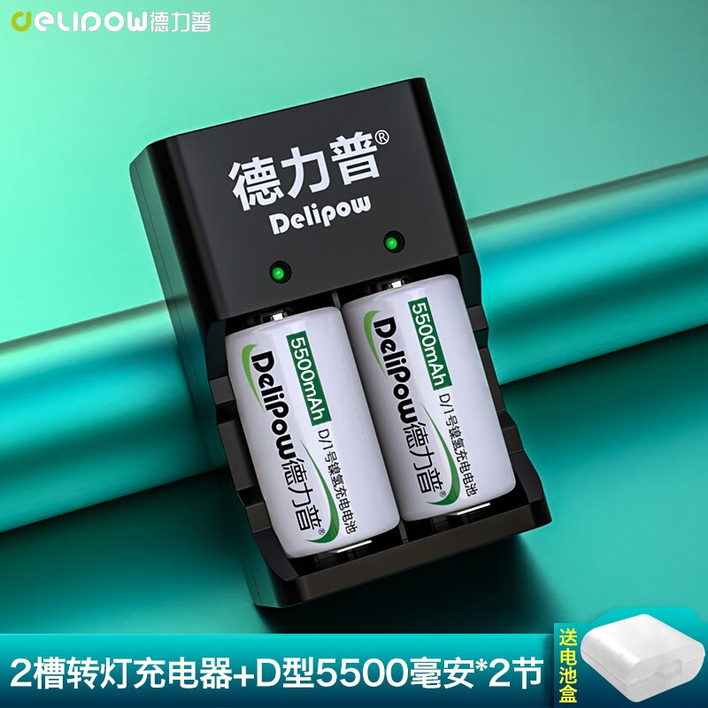 德力普（Delipow）1号充电电池 D型电池大容量5500毫安一号电池适用热水器煤气灶 2槽充电器+2节1号5500毫安电池