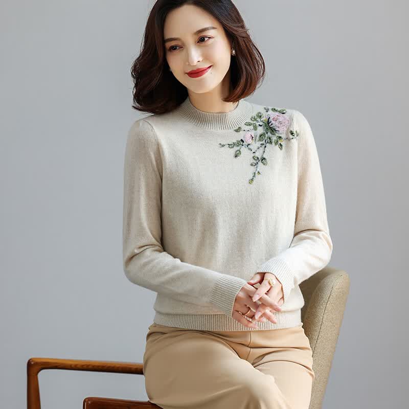 素丝五祁立体羊绒纱线绣花毛衣 半高领气质羊绒衫 保暖针织上衣女 SY3857 本色254 XL