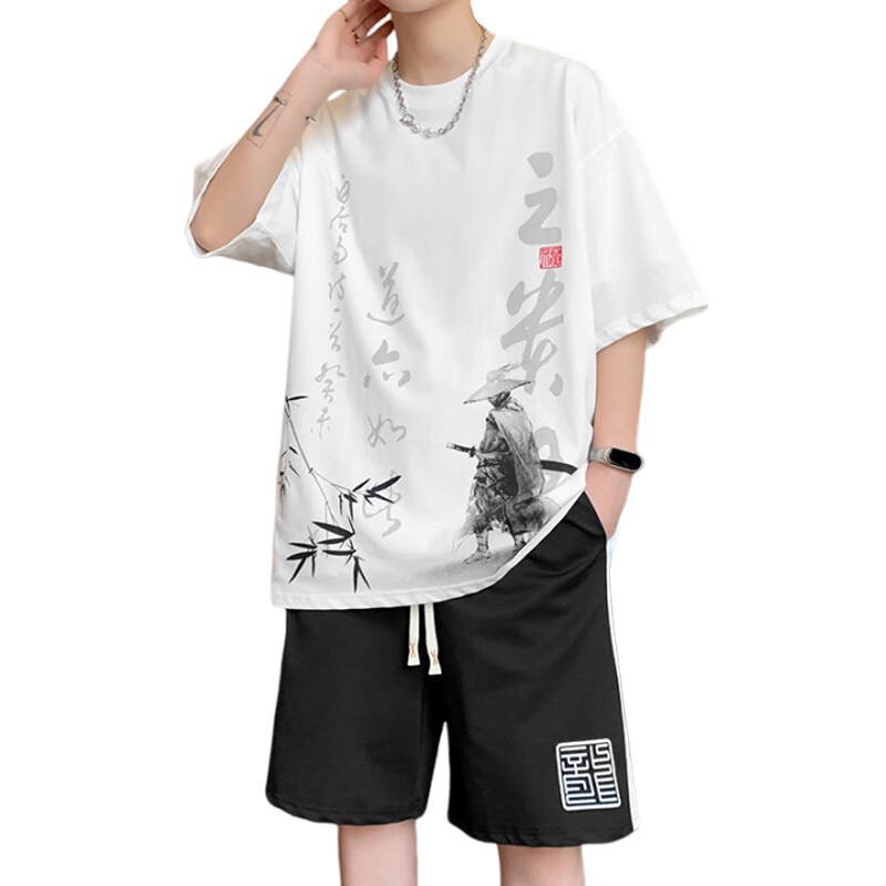 列迅中国风短袖t恤男套装夏季宽松休闲运动短裤男一套搭配青少年衣服 T5811白色套装 M 约100-125斤可穿