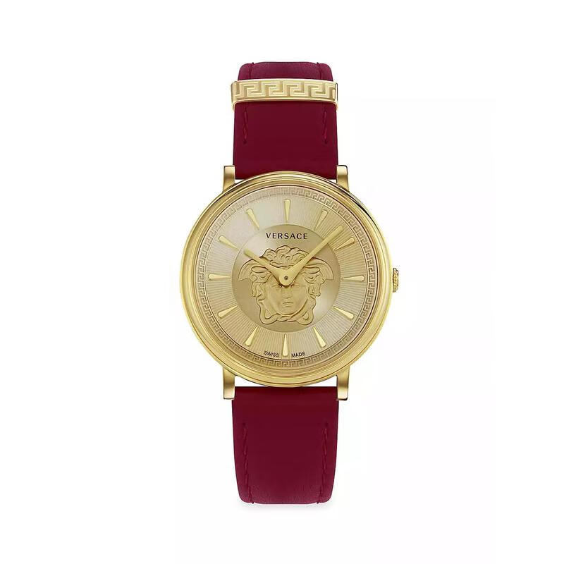 范思哲(versace)美杜莎浮雕金色调表盘皮带防水石英女士手表ve8103821