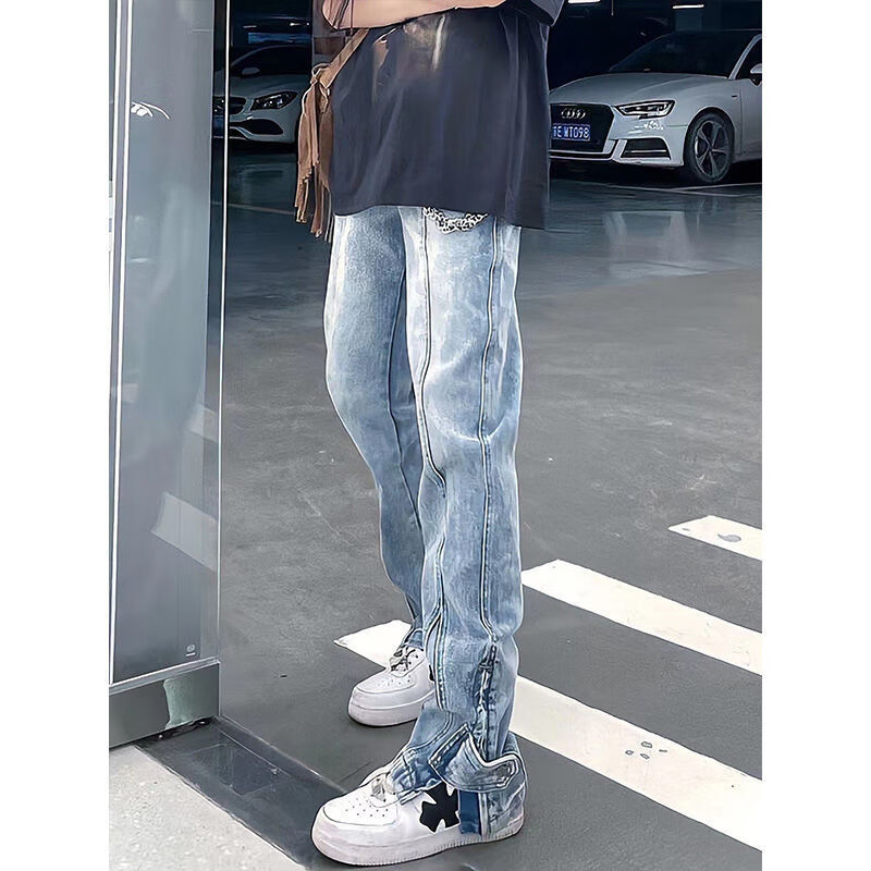 秋冬季男裤子高街拉链开叉直筒拖地长裤纯色牛仔裤男春季高街复古开叉