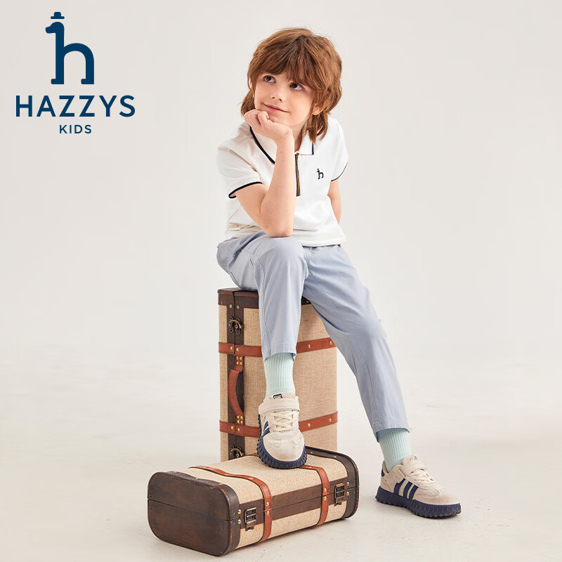 哈吉斯(HAZZYS)品牌童装男童短袖夏季新品柔软弹力经典翻领撞条短袖POLO衫 米白色 165cm