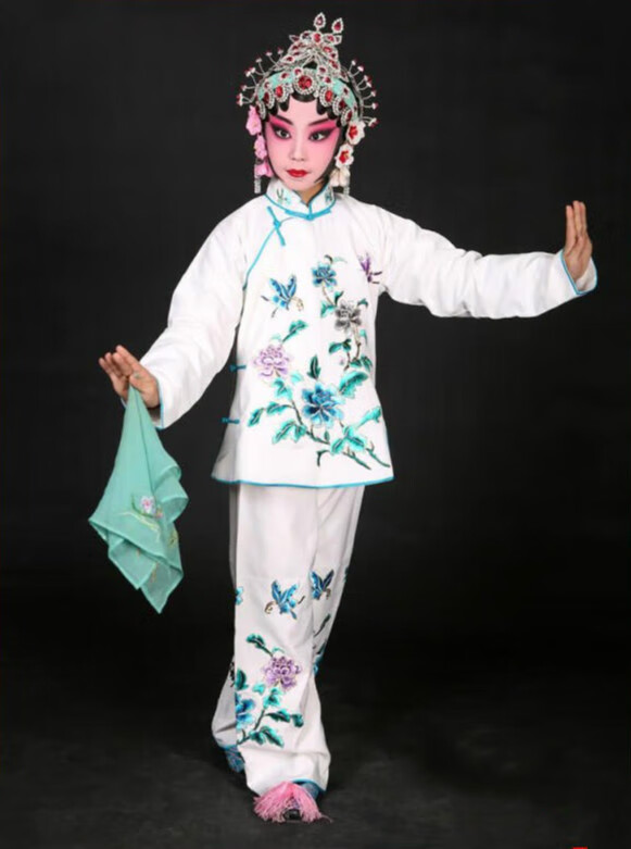 少儿童京剧戏服花旦软绉袄裙裤戏曲演出丫鬟小衣包卖水 白色身高1.