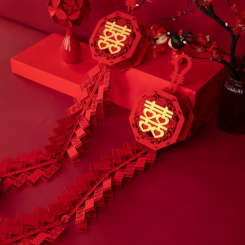 结婚立体喜字鞭炮挂饰挂件婚房布置套装女方卧室门口客厅婚礼装饰