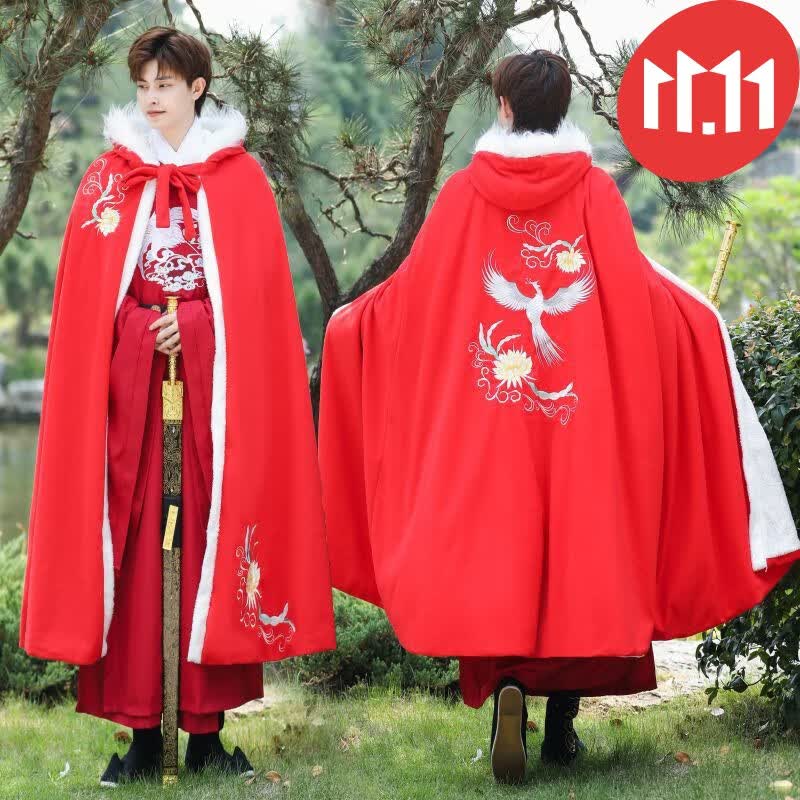 沐铭尔莱汉服斗篷披风男冬加厚加绒保暖红色重明鸟昙花绣花毛边连帽 红色双层加绒加厚重明鸟斗篷 衣长110cm(3米摆)怎么样,好用不?