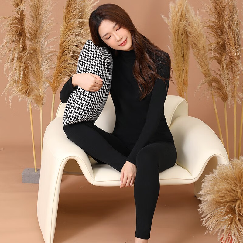 六月玫瑰保暖内衣女秋冬新款新疆精梳棉高腰贴身舒适秋衣秋裤套装女 黑色 M