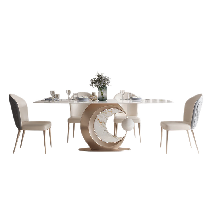 【七夕礼遇季】简奢表情 轻奢岩板餐桌椅组合现代简约长方形饭桌设计师款创意大理石餐桌 1.3m【进口岩板x哑光不锈钢岩板底座】