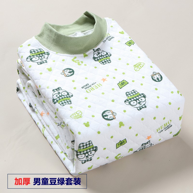 绒中羊儿童保暖内衣套装外层里层全棉男童秋衣秋裤套装宝宝夹棉加厚冬 男童三层加厚军绿色 70码建议身高110-120cm