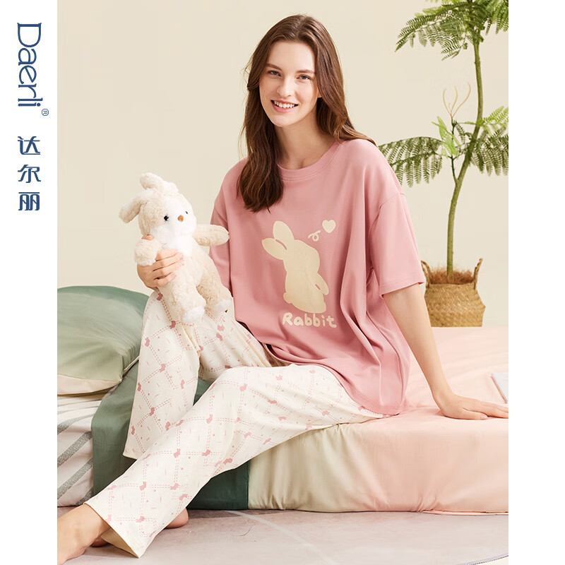 达尔丽针织纯棉睡衣女2025新款夏季圆领短袖长裤兔子印花家居服休闲套装 T8241262-060-豆沙红 L