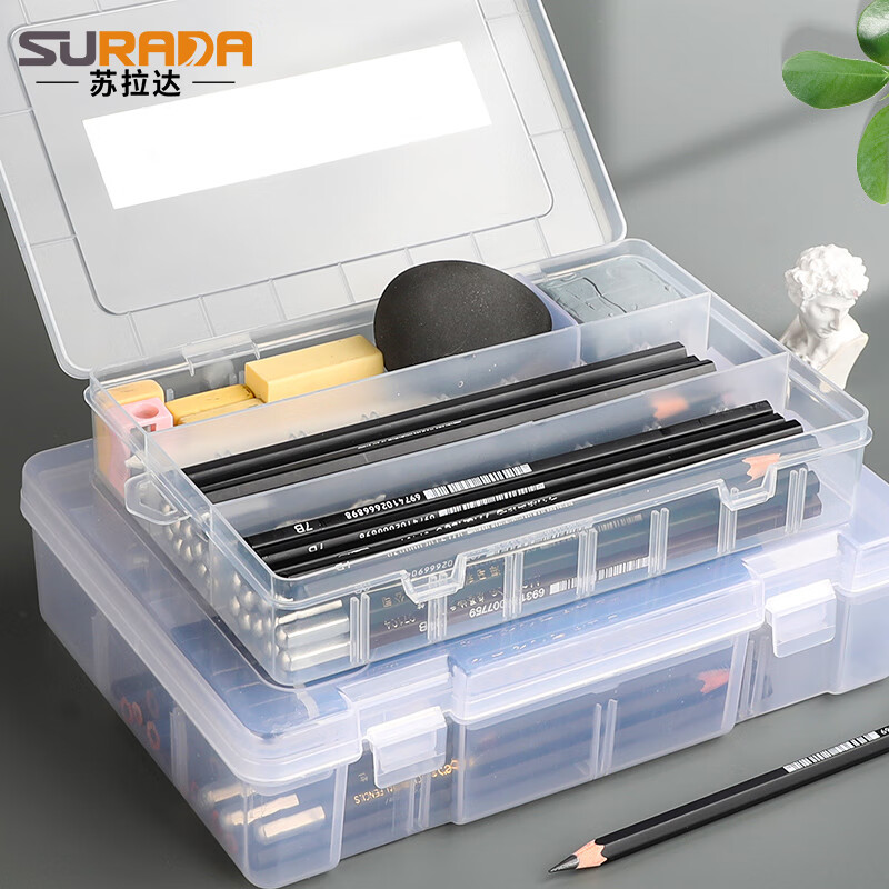 苏拉达(Surada)素描铅笔盒 多功能收纳盒美术绘画透明塑料铅笔盒彩铅炭笔大容量工具盒 双层铅笔盒1个YF-516