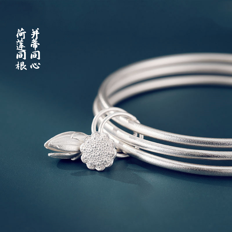 足银三生三世银手镯古法传承两世欢银手镯手饰s999足银年轻款送女友