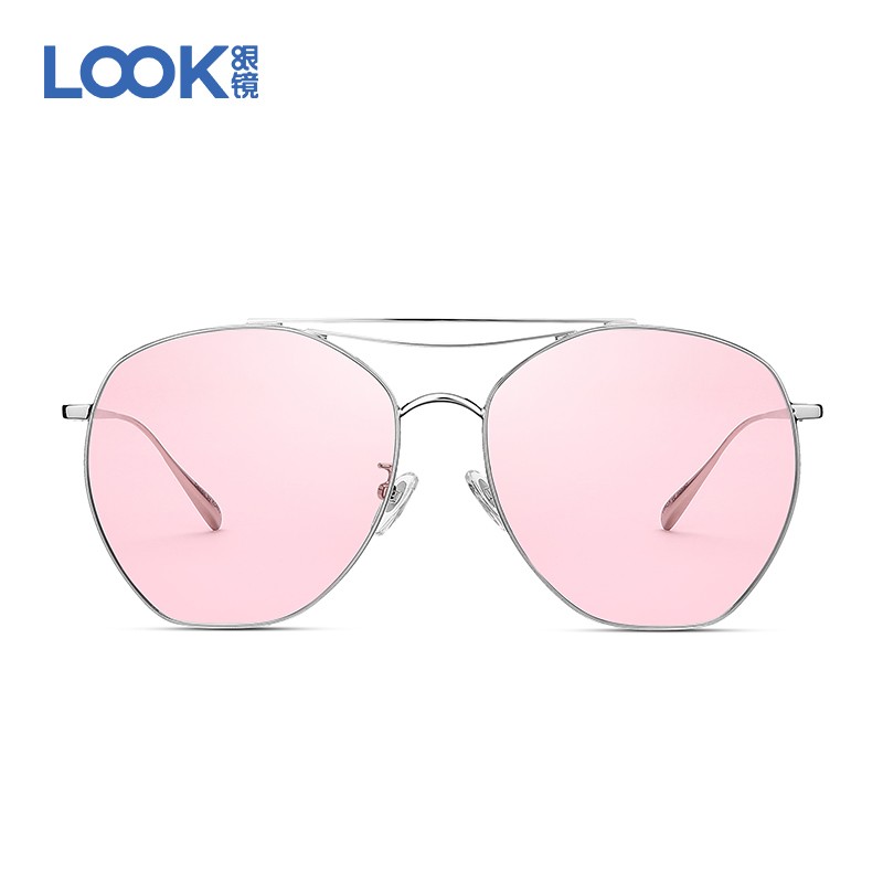 LOOK眼镜女士太阳镜2021新款多边形大框墨镜浅色镜片时尚街头潮 亮银色+粉片