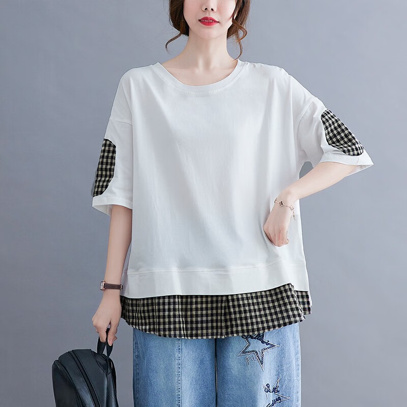 妹妹加肥加大码短袖上衣胖女人穿的衣服肥胖女孩 白色 l建议100-160斤