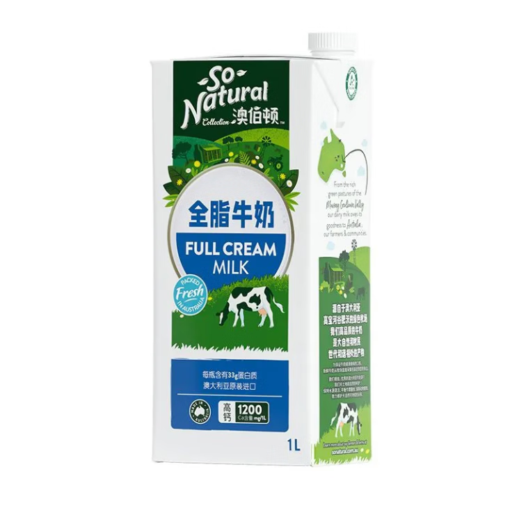 澳伯顿澳洲进口SoNatural全脂3.3g 营养纯牛奶1L*12盒整箱早餐奶 全脂1L*12/箱