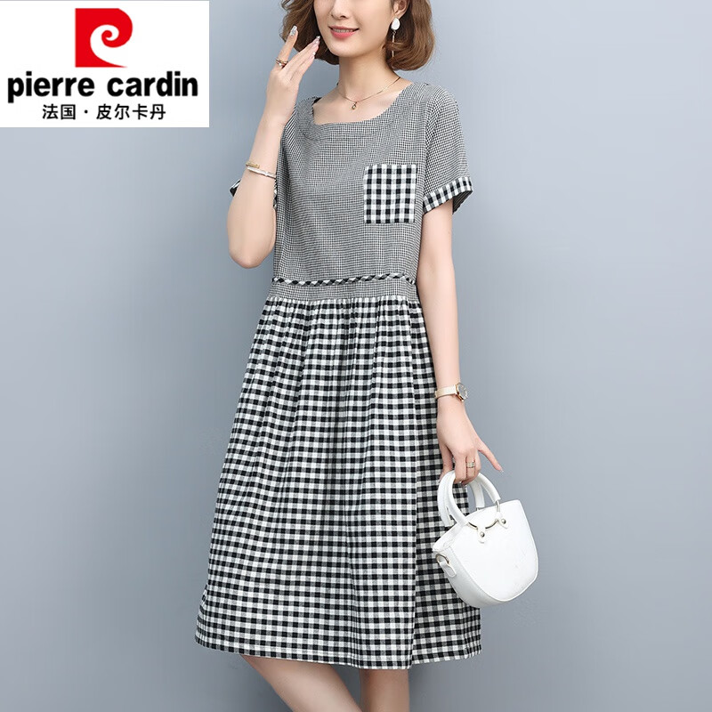 新40-50岁纯棉格子连衣裙女装夏季2021新款宽松中年妈妈短袖a字裙子针