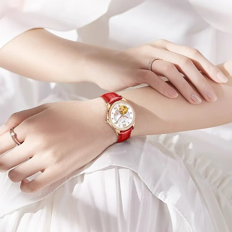 爱沃驰瑞士星座系列时尚镂空防水全自动机械手表女士表七夕生日礼物送女 玫壳白盘黑皮|进口机芯