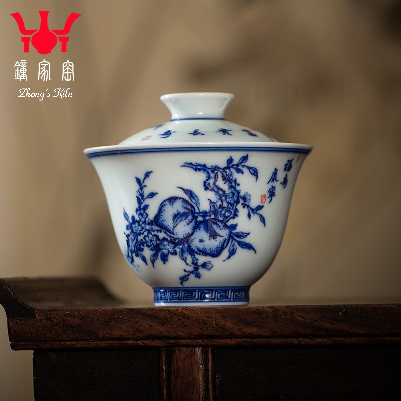 鐘家窑钟家窑茶具套组 柴窑青花手绘三多纹饰盖碗套装中式功夫茶具套
