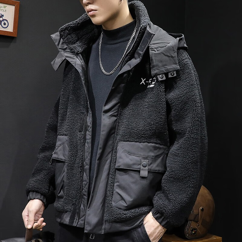 后探重磅羊羔绒外套男宽松冬季厚款连帽工装夹克男士潮流时尚复古拉链