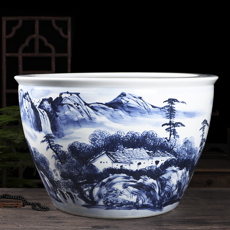瓷调景德镇青花山水陶瓷大鱼缸家居装饰客户养荷花睡莲碗莲金鱼乌龟盆