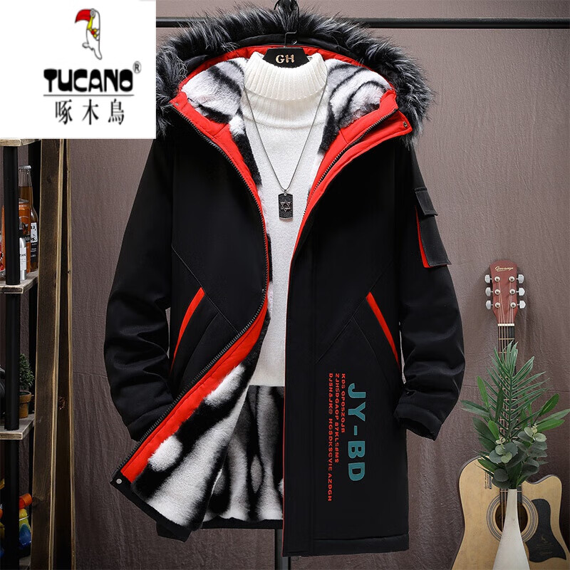 啄木鸟(TUCANO)高档羽棉绒服男中长款冬季2025新款保暖派克服冬装棉上衣加绒外套 JR916黑色【人造棉升级加绒款】 2XL