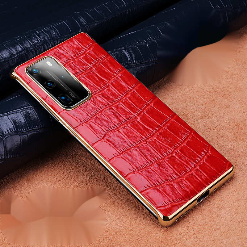 手机套牛皮电镀边商务皮套男女后外壳 华为p40 pro【激情红】--鳄鱼纹