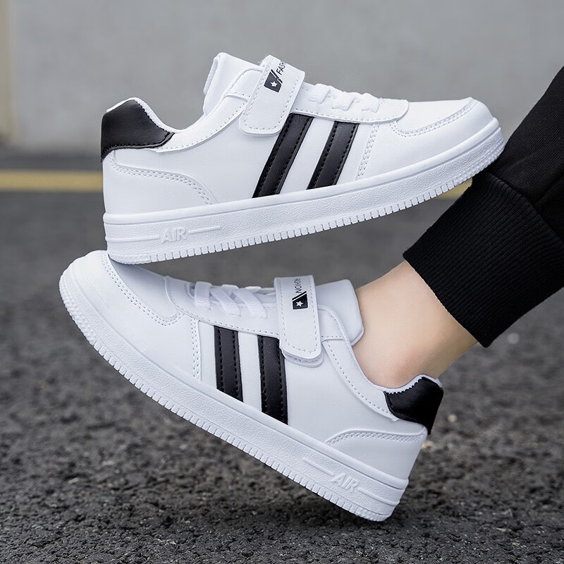 贝天熊童鞋秋冬款男女童休闲鞋学生中大童轻便耐磨运动鞋 BLT890白黑【革面】 28码 内长17.8/脚16.8