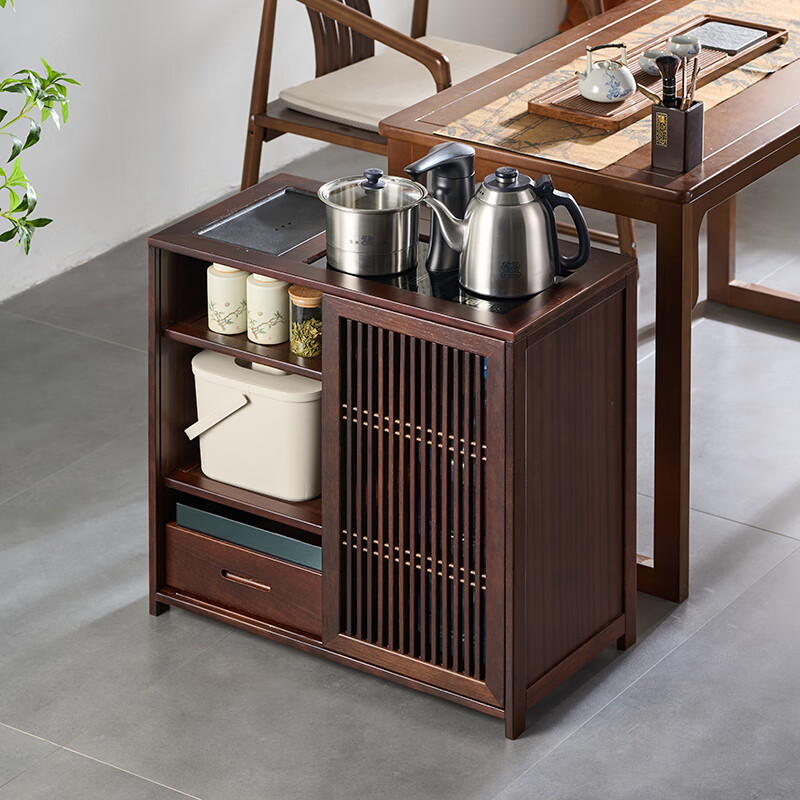 思薇夢(mèng)新中式移動(dòng)茶桌家用小茶臺(tái)客廳茶車陽臺(tái)茶幾燒水壺一體茶水柜邊桌 整裝花梨色凡致柜+底部上水壺