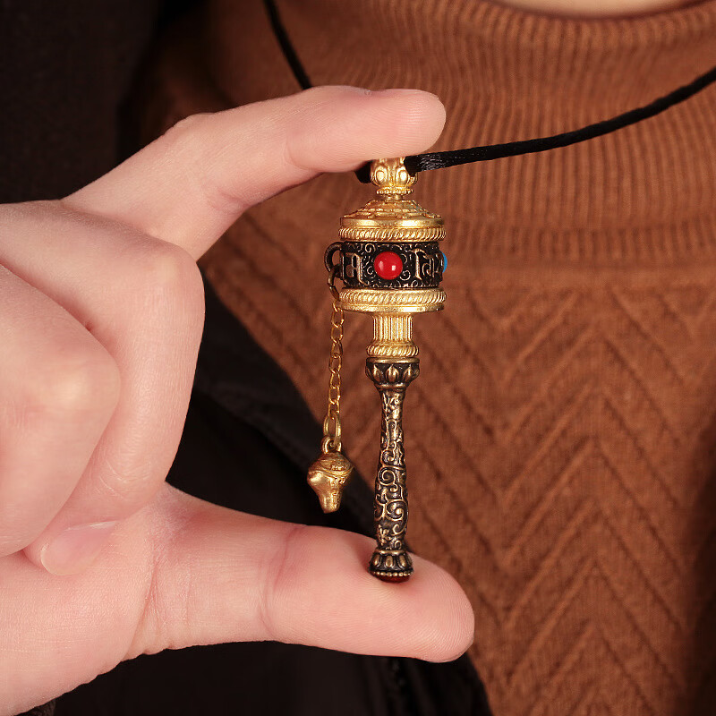 手摇转经轮吊坠 藏传藏式配饰纯铜六字真言 嘎乌盒挂件项链转经筒