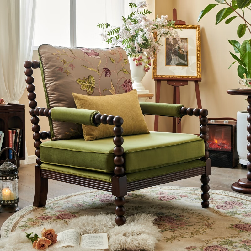 印作葫芦椅美式乡村复古实木布艺单人沙发法式中古风客厅沙发椅 虞美人刺绣配绿色布艺坐垫
