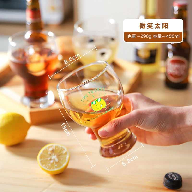 红玻璃杯水杯甜品冷饮杯子印花早餐卡通可爱小熊个性啤酒杯 微笑太阳