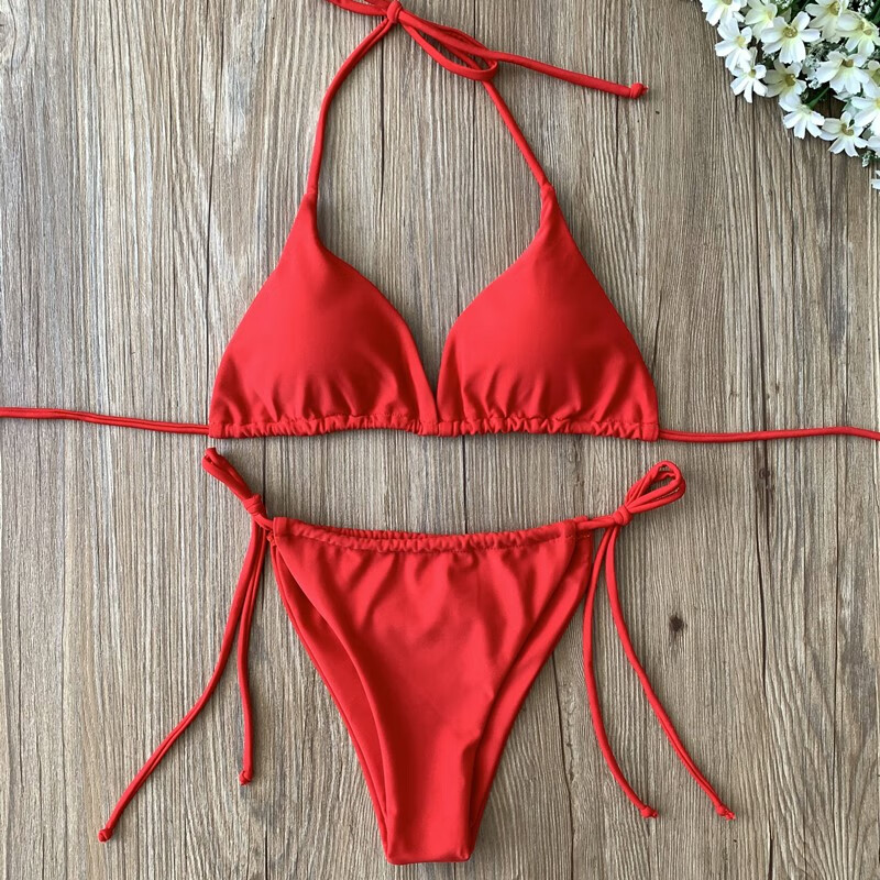 裴宏比基尼三点式一根绳欧美新款泳衣性感三角色抽绳绑带小胸 红色 m