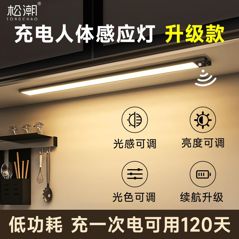 松潮（SONGCHAO）人体感应灯磁吸充电玄关橱柜衣柜酒柜厨房自粘长条小夜灯带长续航 黑色版+柔和自然光/高续航版 升级高续航版20cm