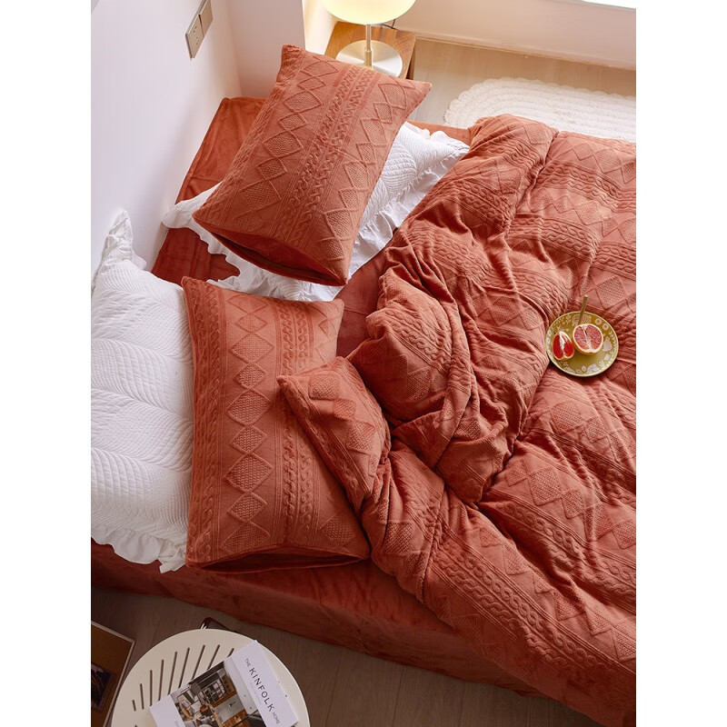 款加厚保暖牛奶绒四件套北欧风立体珊瑚绒法兰绒床单床笠床品 枫叶色