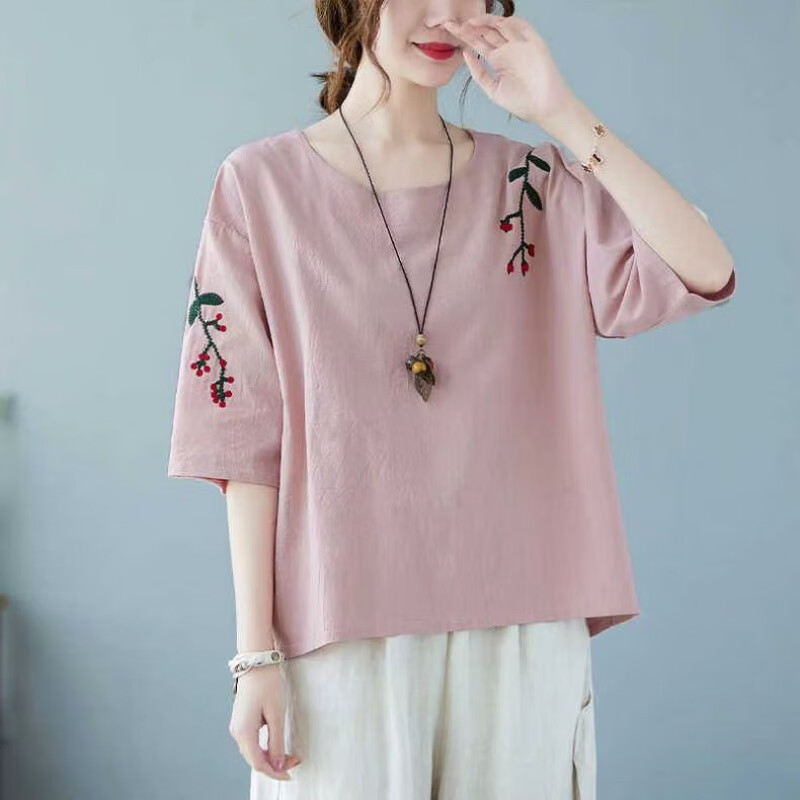 夏装文艺复古刺绣棉麻五分袖t恤宽松显瘦休闲百搭上衣女 官方素素粉色