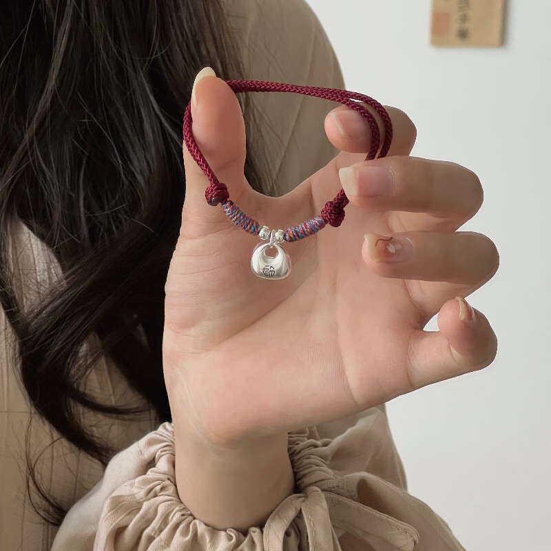 银坨坨实心足银999平安小胖福袋红绳本命年手绳银手链送女友礼物 实心银坨手绳-酒红色